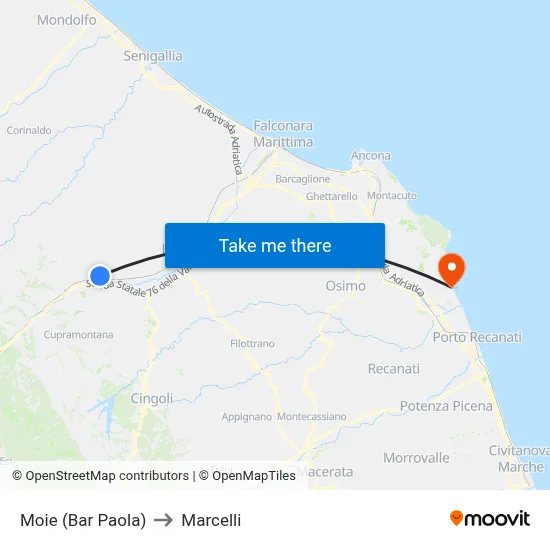 Moie (Paola's Bar) to Marcelli map
