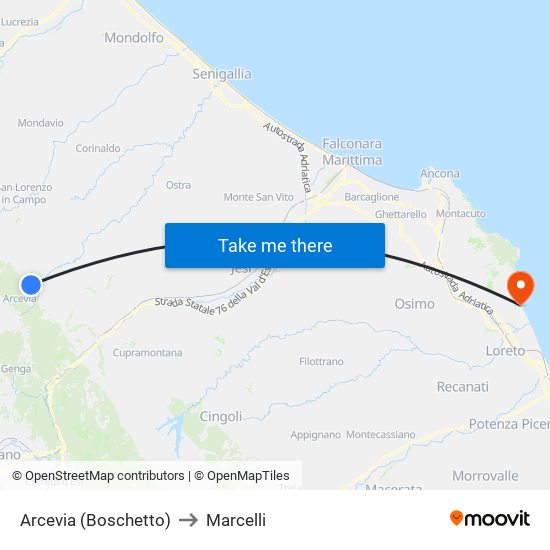 Arcevia (Boschetto) to Marcelli map