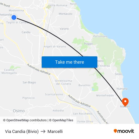 Via Candia (Bivio) to Marcelli map