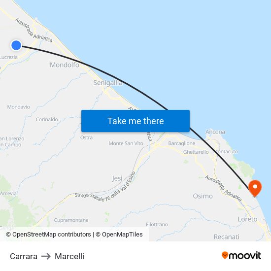 Carrara to Marcelli map