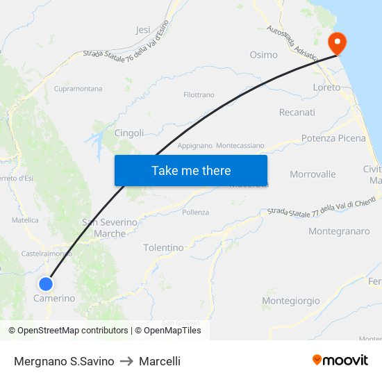 Mergnano S.Savino to Marcelli map