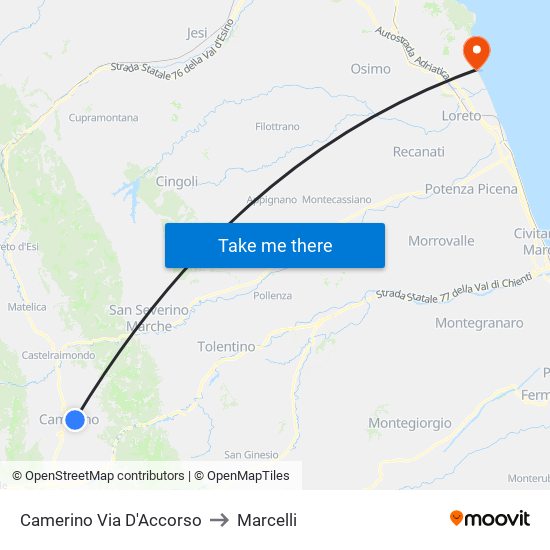 Camerino Via D'Accorso to Marcelli map