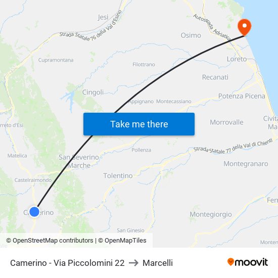 Camerino - Via Piccolomini 22 to Marcelli map