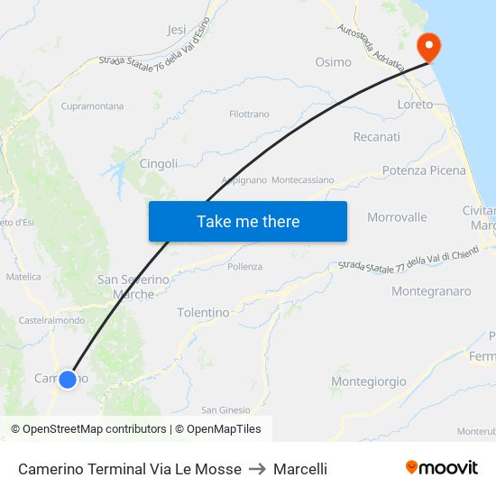 Camerino Terminal Via Le Mosse to Marcelli map