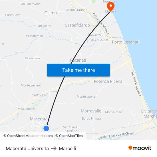 Macerata Università to Marcelli map