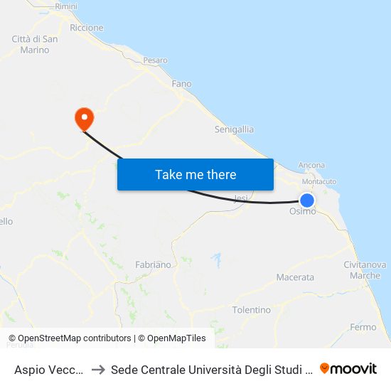 Aspio Vecchio (An) to Sede Centrale Università Degli Studi Di Urbino Carlo Bo map