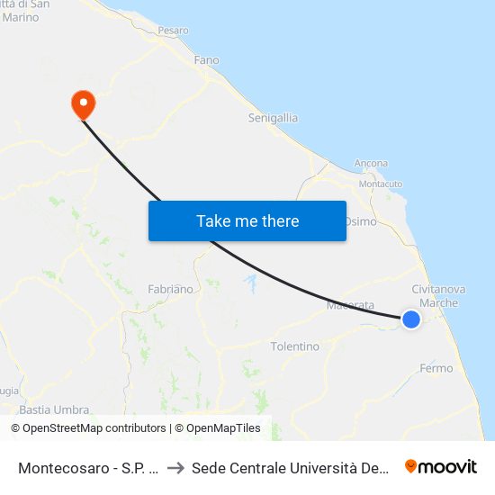 Montecosaro - S.P. 485 B.Go Stazione to Sede Centrale Università Degli Studi Di Urbino Carlo Bo map