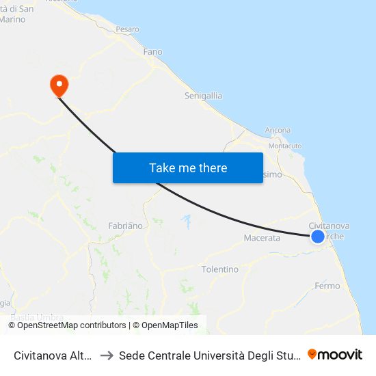 Civitanova Alta - Giardini to Sede Centrale Università Degli Studi Di Urbino Carlo Bo map