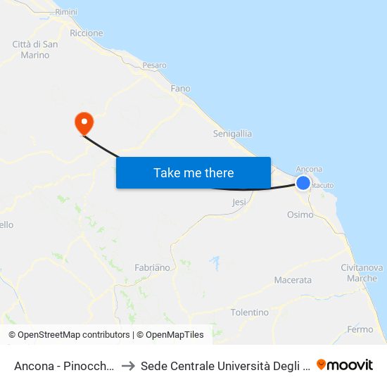 Ancona - Pinocchio - Pontelungo to Sede Centrale Università Degli Studi Di Urbino Carlo Bo map