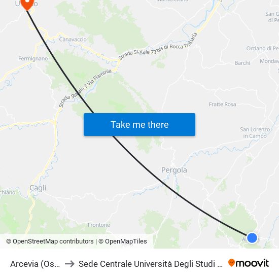 Arcevia  (Ospedale) to Sede Centrale Università Degli Studi Di Urbino Carlo Bo map