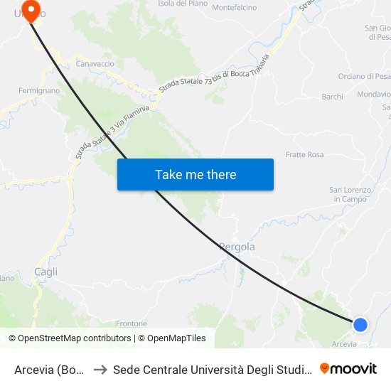 Arcevia (Boschetto) to Sede Centrale Università Degli Studi Di Urbino Carlo Bo map