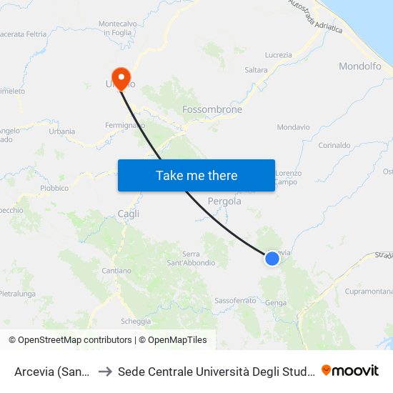 Arcevia (Santa Croce) to Sede Centrale Università Degli Studi Di Urbino Carlo Bo map