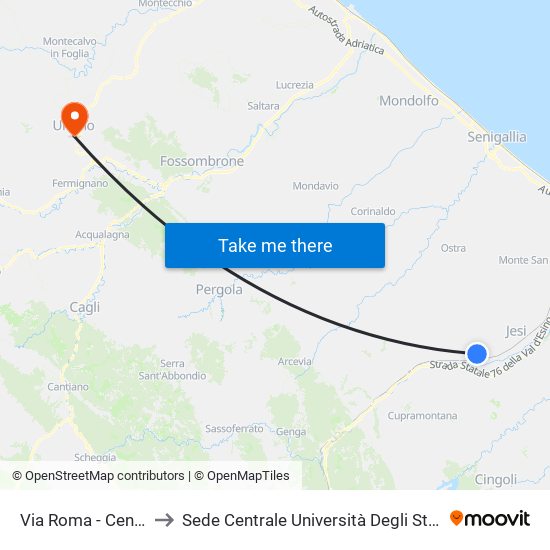 Via Roma - Center Gomma to Sede Centrale Università Degli Studi Di Urbino Carlo Bo map