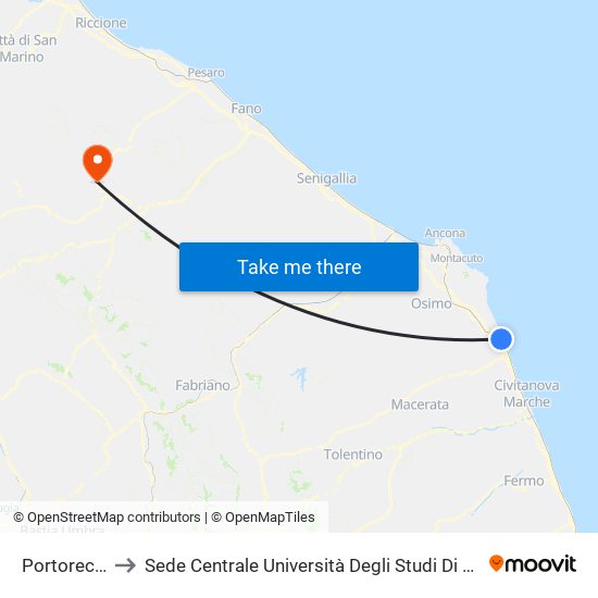 Portorecanati to Sede Centrale Università Degli Studi Di Urbino Carlo Bo map