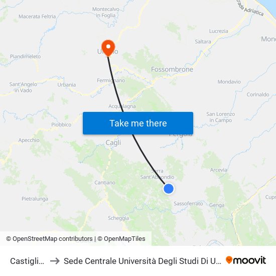 Castiglioni 2 to Sede Centrale Università Degli Studi Di Urbino Carlo Bo map