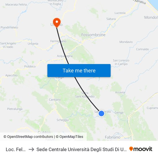 Loc. Felcioni to Sede Centrale Università Degli Studi Di Urbino Carlo Bo map