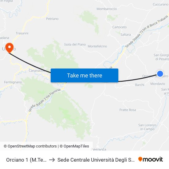 Orciano 1 (M.Te Delle Stelle) to Sede Centrale Università Degli Studi Di Urbino Carlo Bo map