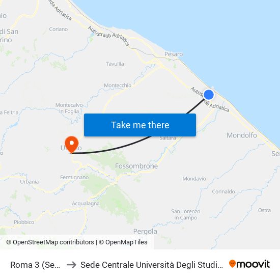 Roma 3 (Seminario) to Sede Centrale Università Degli Studi Di Urbino Carlo Bo map