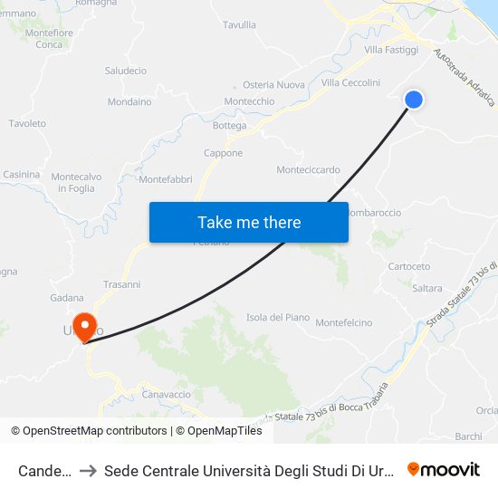 Candelara to Sede Centrale Università Degli Studi Di Urbino Carlo Bo map