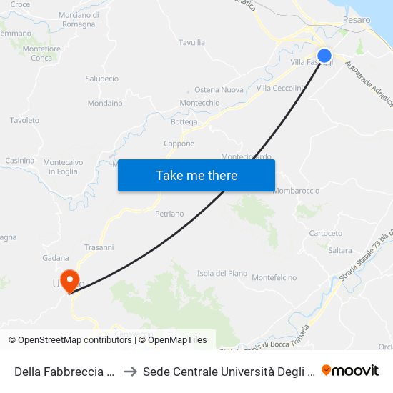 Della Fabbreccia Fosso Fogliano to Sede Centrale Università Degli Studi Di Urbino Carlo Bo map