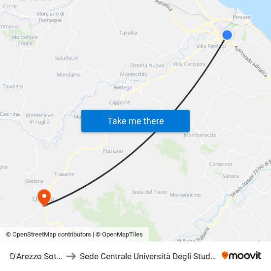 D'Arezzo Sottopasso to Sede Centrale Università Degli Studi Di Urbino Carlo Bo map