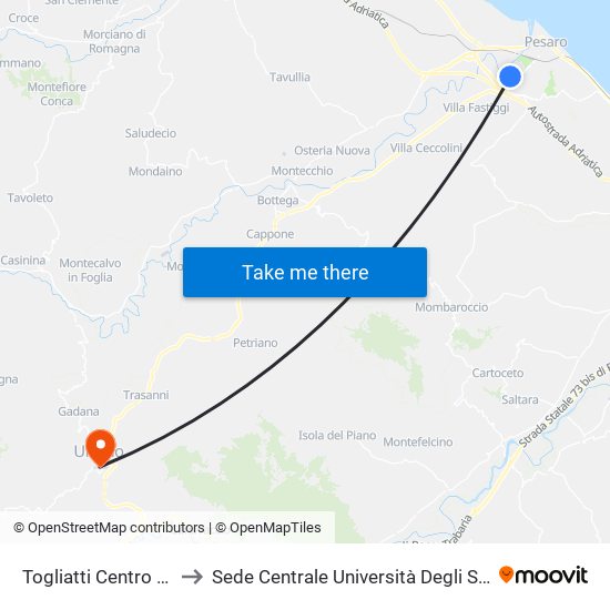 Togliatti Centro Commerciale to Sede Centrale Università Degli Studi Di Urbino Carlo Bo map