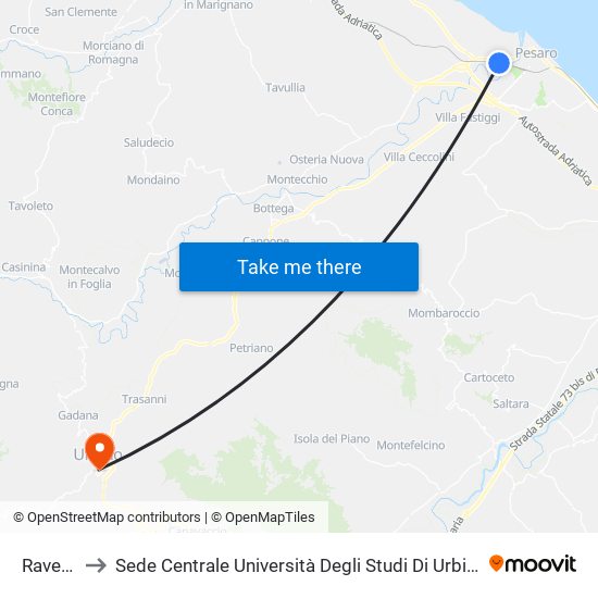 Ravenna to Sede Centrale Università Degli Studi Di Urbino Carlo Bo map