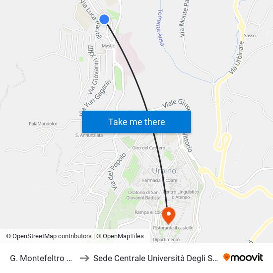 G. Montefeltro 1 (Fontanoni) to Sede Centrale Università Degli Studi Di Urbino Carlo Bo map