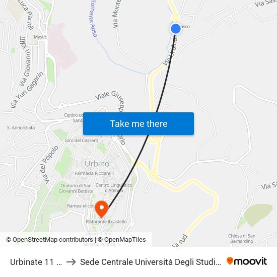 Urbinate 11 (Sasso) to Sede Centrale Università Degli Studi Di Urbino Carlo Bo map