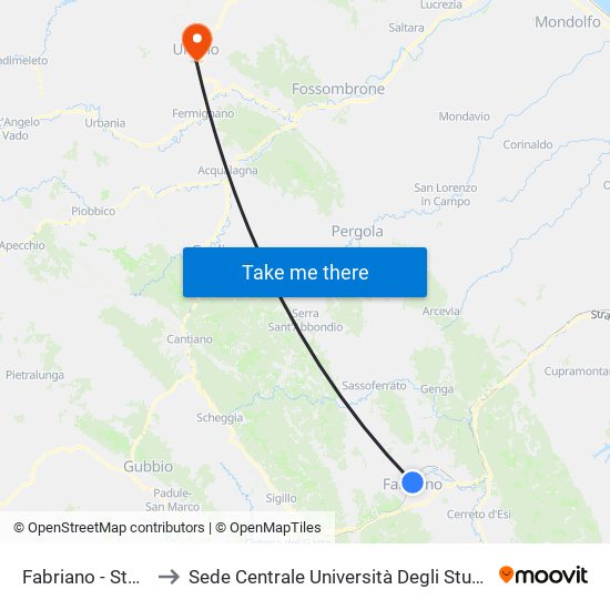 Fabriano  - Stazione F.S. to Sede Centrale Università Degli Studi Di Urbino Carlo Bo map