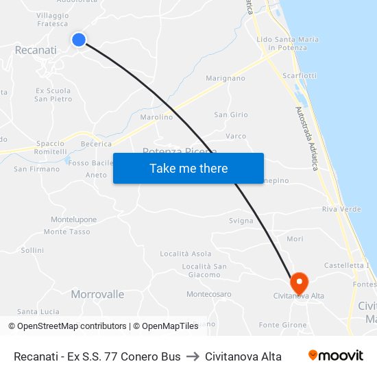 Recanati - Ex S.S. 77 Conero Bus to Civitanova Alta map