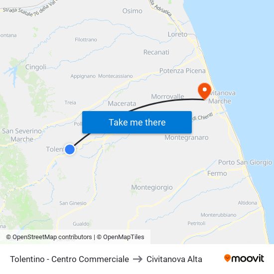 Tolentino - Centro Commerciale to Civitanova Alta map