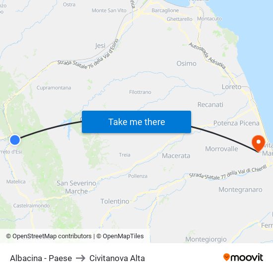 Albacina - Paese to Civitanova Alta map