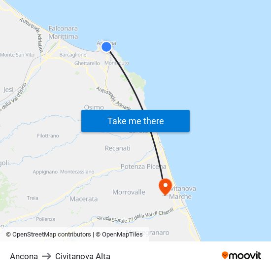 Ancona to Civitanova Alta map