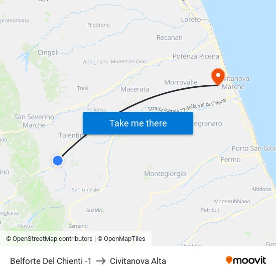 Belforte Del Chienti -1 to Civitanova Alta map