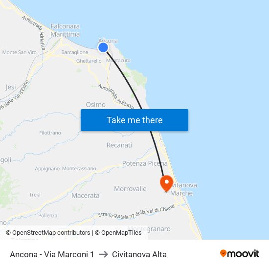 Ancona - Via Marconi 1 to Civitanova Alta map