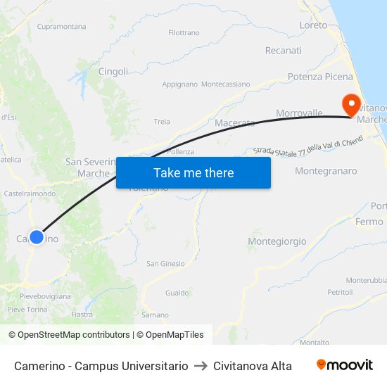 Camerino - Campus Universitario to Civitanova Alta map