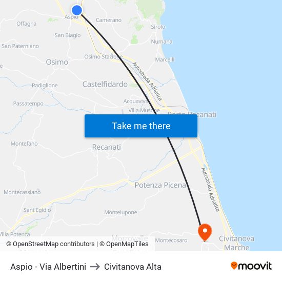Aspio - Via Albertini to Civitanova Alta map