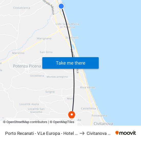 Porto Recanati - V.Le Europa - Hotel Mon to Civitanova Alta map
