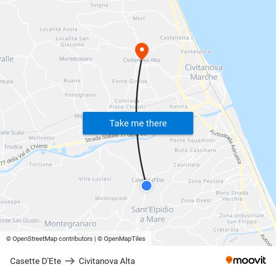 Casette D'Ete to Civitanova Alta map