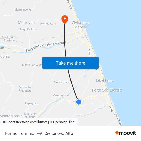 Fermo Terminal to Civitanova Alta map