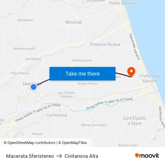 Macerata Sferistereo to Civitanova Alta map