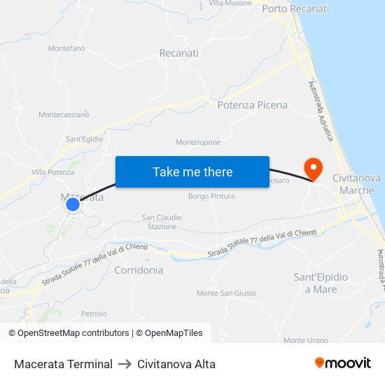 Macerata Terminal to Civitanova Alta map