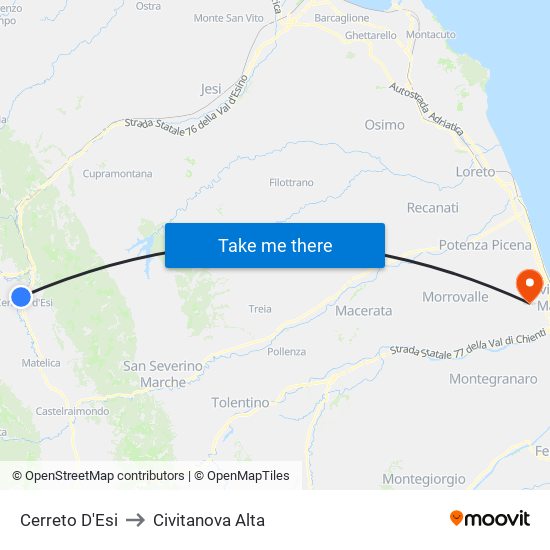 Cerreto D'Esi to Civitanova Alta map