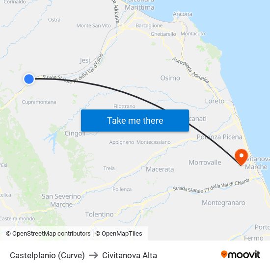 Castelplanio (Curve) to Civitanova Alta map