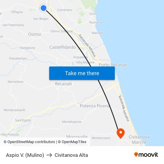Aspio V. (Mulino) to Civitanova Alta map