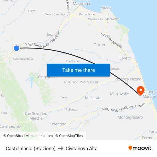Castelplanio (Stazione) to Civitanova Alta map