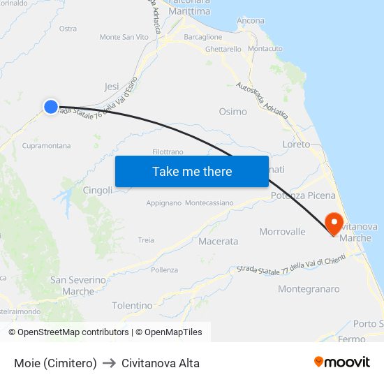 Moie (Cimitero) to Civitanova Alta map