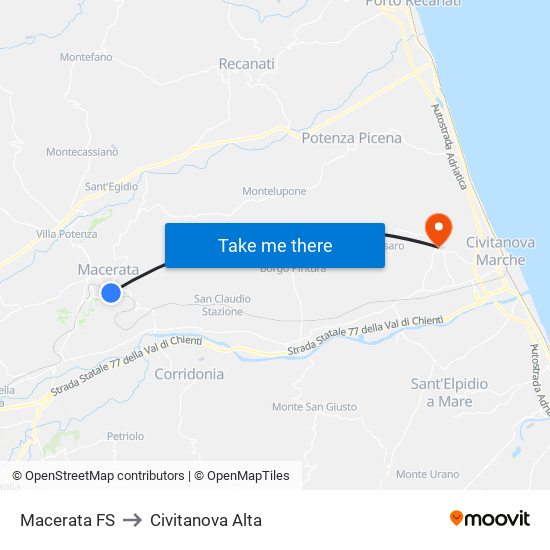 Macerata FS to Civitanova Alta map