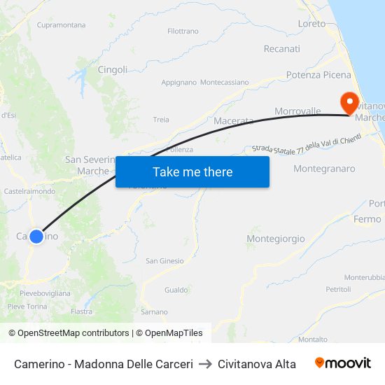 Camerino - Madonna Delle Carceri to Civitanova Alta map
